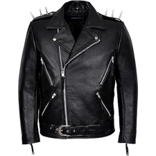 Men's Black METAL SPIKES Brando Jacket Motorcycle Cowhide Real Leather Jacket