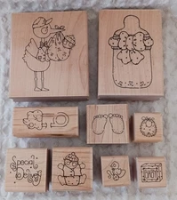 JRL Design Wood Rubber Stamp BABY THEME Stork Special Day Bottle NINE Stamps FUN