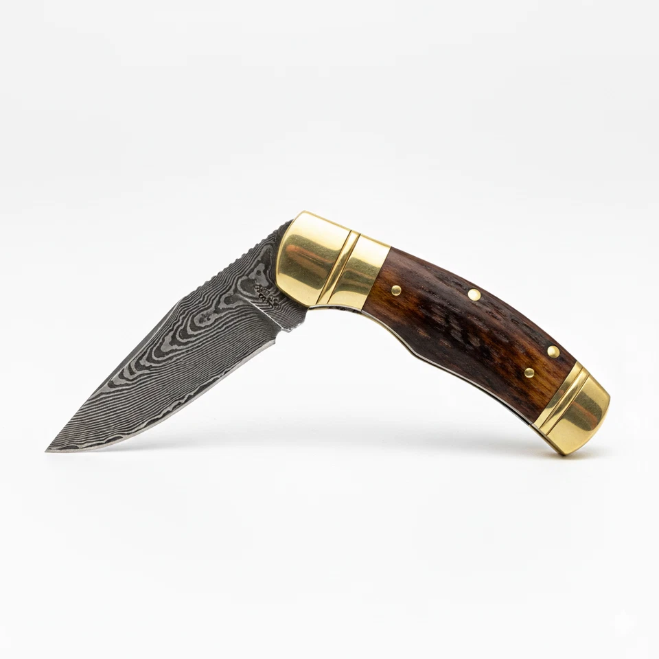 Navaja de bolsillo forjada a mano de acero Damasco con bloqueo mango de cuerno de carnero plegable EDC Foto 2 de 4