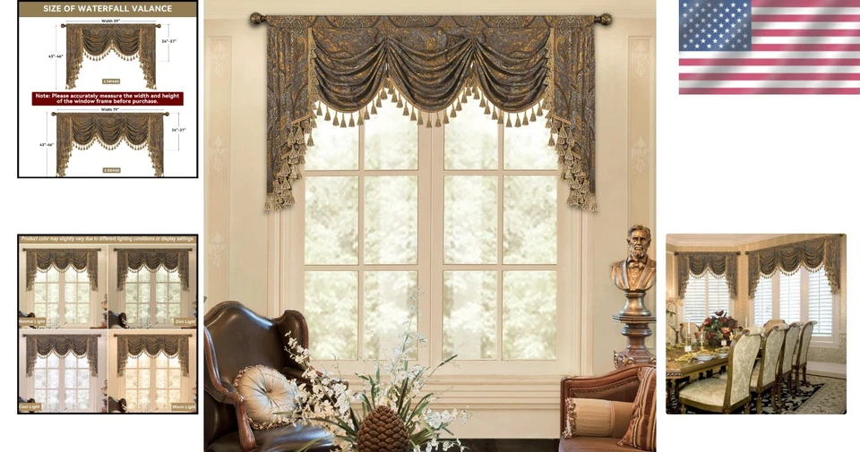Luxury Bronze Gold Jacquard Waterfall Valance for Elegant Home Décor - 79W Inch - Image 2 of 4