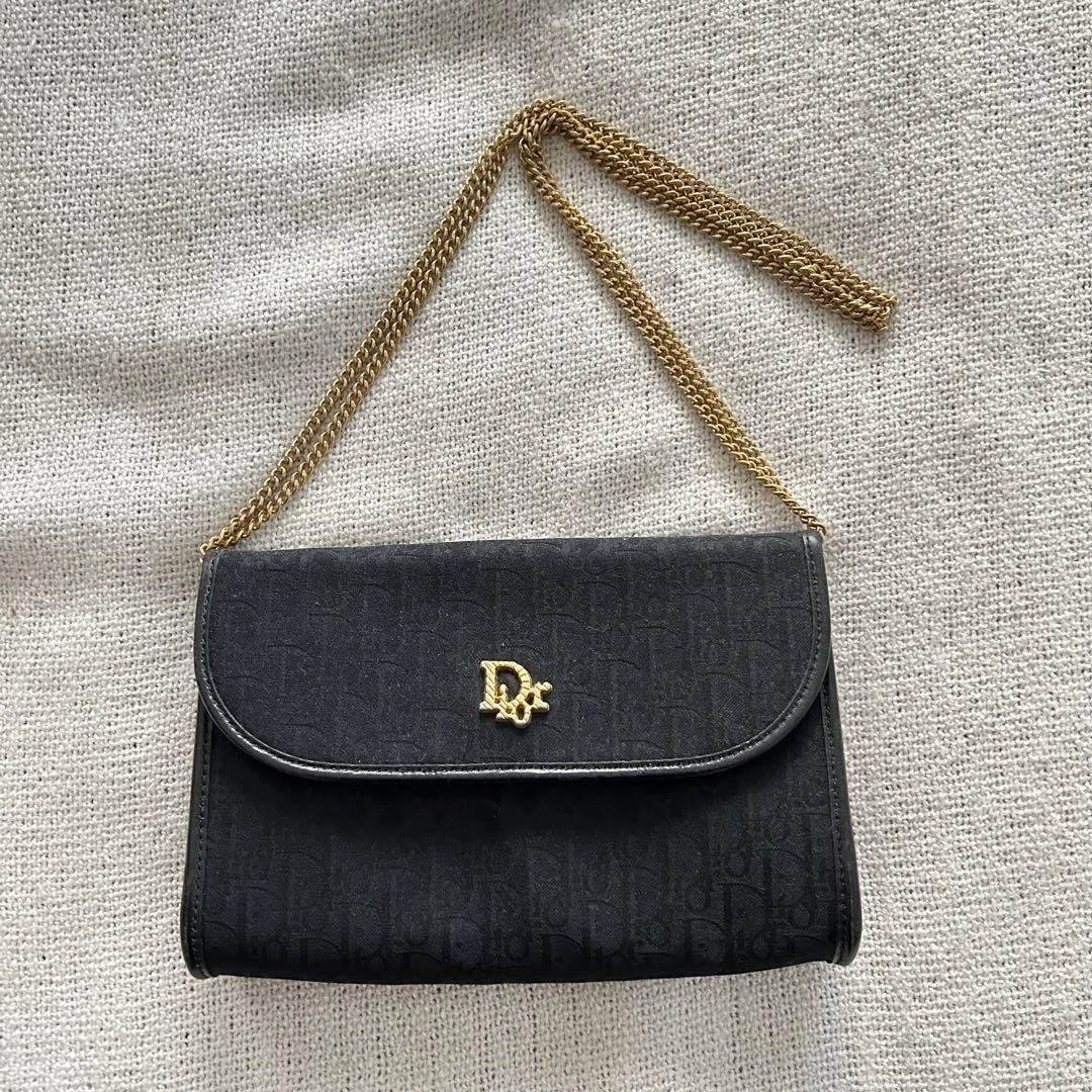 Christian Dior Chaîne Trotteur Vintage Toile Noire Rabat Chaîne Dorée Occasion pour Femme