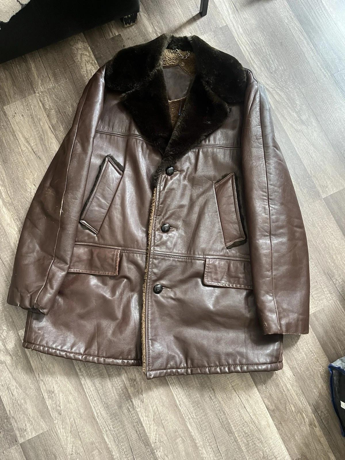 VTG Bud Men's Dark Brown Leather Coat Jacket Fur Lined Warm Rugged Wear Size Lg