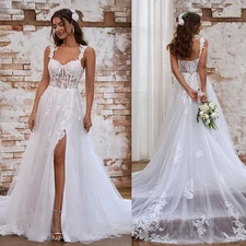 Bohemian Simple Wedding Dresses with Side Split Lace Appliques Bridal Gowns
