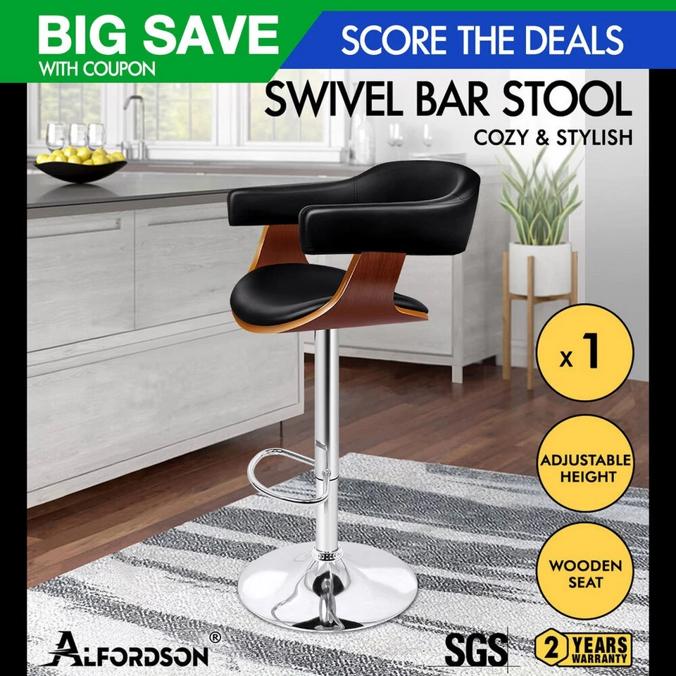 ALFORDSON 1x Bar Stool Joan Kitchen Swivel Chair Wooden Leather Gas Lift