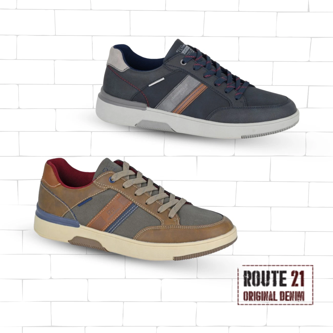 Mens Route 21 Leisure Shoes Lace Up Casual Retro Trainers Lightweight Fashion
