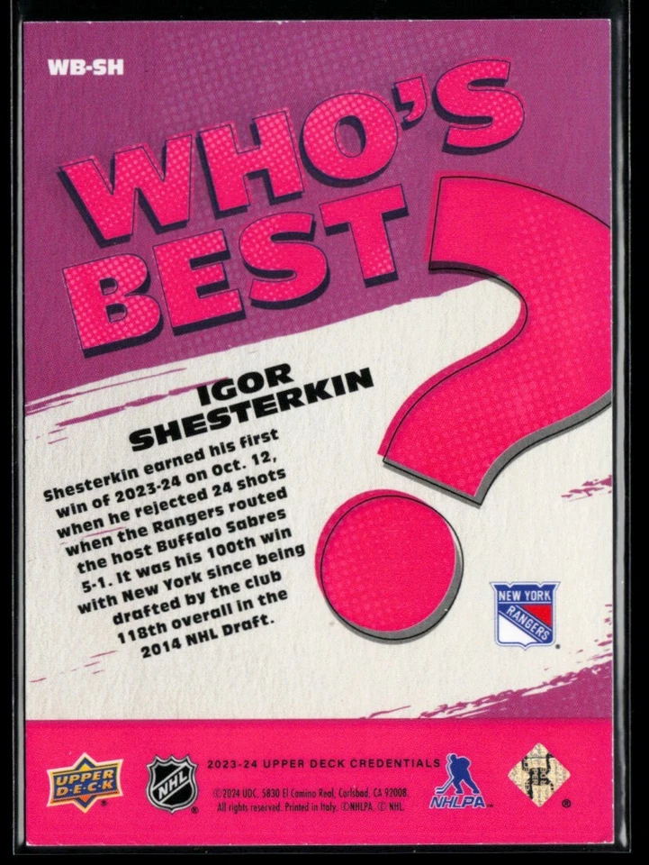 2023-24 Upper Deck Credentials Who's Best #WB-SH Igor Shesterkin - Image 2 of 2