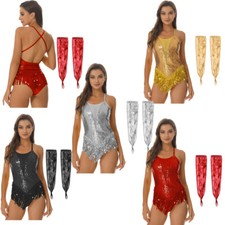 Womens Outfit Samba Bodysuit Ballroom Leotard Fingerless Gloves Set Party Dance
