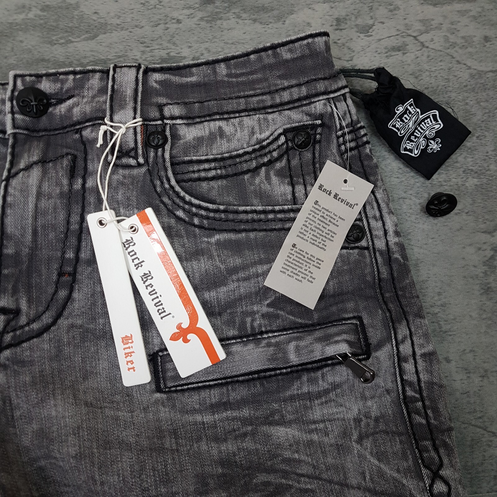 ROCK REVIVAL Mike Biker Tapered Distressed Jeans Mens Size 34x34 Grey Black