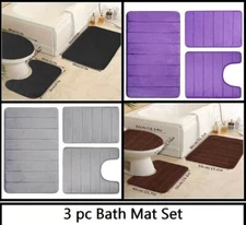 3PC Bathroom Set Stripe Rug Contour Mat Toilet Lid Cover Rectangle Bathmat