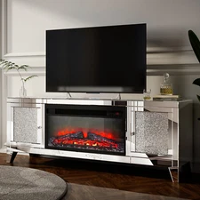 Silver Mirrored LED TV Stand with Fireplace Entertainment Center Console Table