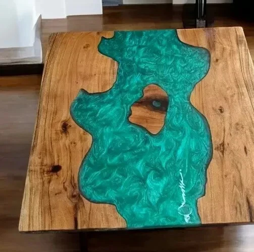 24" x 24" Square Green Epoxy Resin Center Table | Handmade Wooden Resin Top - Image 2 of 4