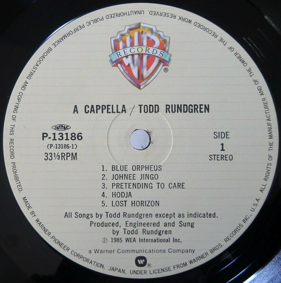 TODD RUNDGREN "A Capella" 1985 Japanese Lp w/Obi/lyrics progressive - Image 2 of 3