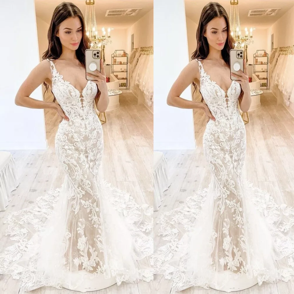 Champagne Wedding Dresses Lace Mermaid Sleeveless V Neck Sweep Train Bridal  Gown