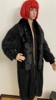 ジャケット・アウター 80s black angora wool balmacaan longcoat VTG. 80'S MILANO BLACK ANGORA W/FOX FUR SWING OVERCOAT - SZ L/XL