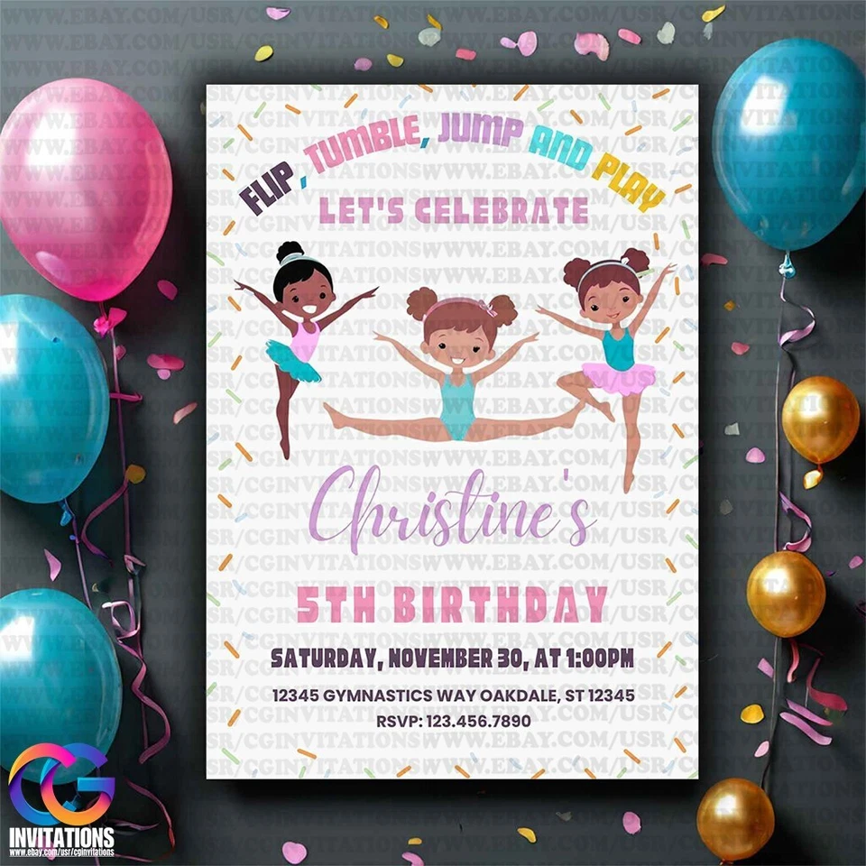 Invitación de cumpleaños de gimnasia editable para niñas, es hora de jugar fiesta de gimnasia Foto 3 de 4