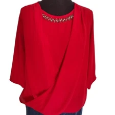 Notations Rhinestone Jeweled Women's Shirt Red Small Neckline Faux Wrap Blouse