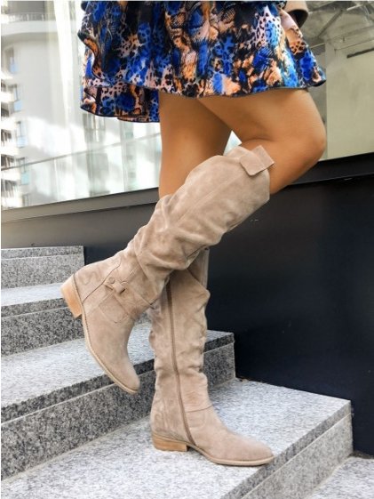 Retro Womens Suede Side Zip Flats Knee High Boots Brogue Cowboy Slouch Boots New