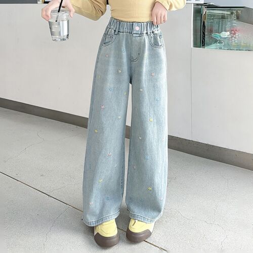 Kids Girls Jeans Distressed Elastic Waist Baggy Denim Wide Leg Pants Trousers
