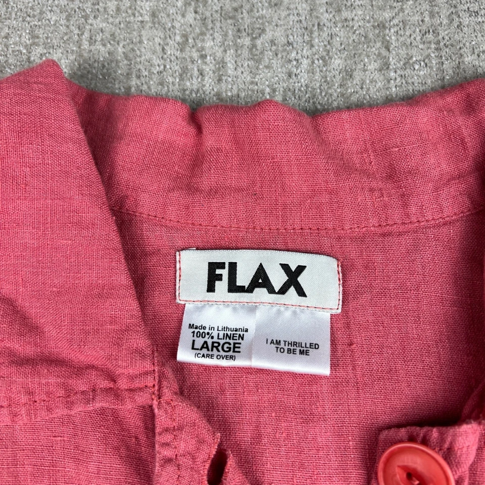 FLAX 100% Linen Button Front Coral Pink Shirt Top Women's Large Front Pockets - Image 2 of 4