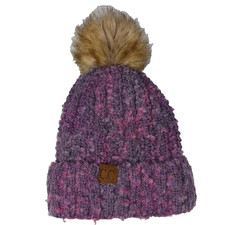 C.C Exclusive Womens Beanie Winter Hat Cap Knit Purple Faux Fur Pom