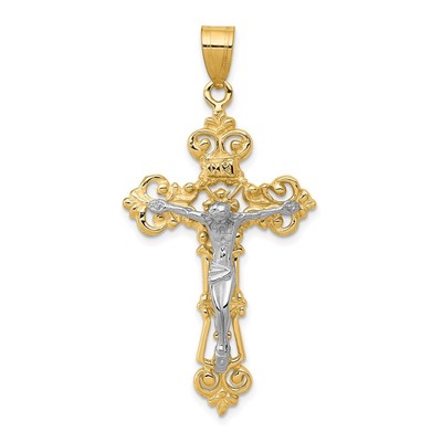 10k Bicolor INRI Fleur de Lis Kruzifix Anhänger 47,89mm 2,73gm