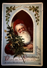 Santa Claus with Tree ~Antique Gel Embossed~ Vintage~EAS Christmas Postcard~s548
