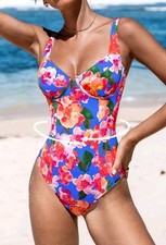 NWT Cupshe Womens One Piece Swimsuit Blue Color Floral Print Underwire Large