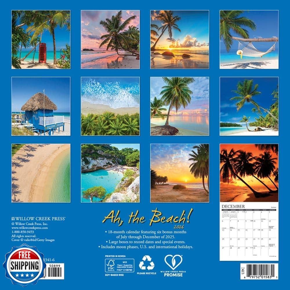 Willow Creek Press, Ah The Beach 2026 Mini Wall Calendar, 7'' X 7