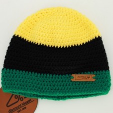 Handmade Crochet Beanie Yellow Black Green Tri-Color Knit Unisex Jamaica