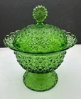 MCM Fenton LE Smith Daisy Button Emerald Green Glass Candy Dish Star Finial Lid