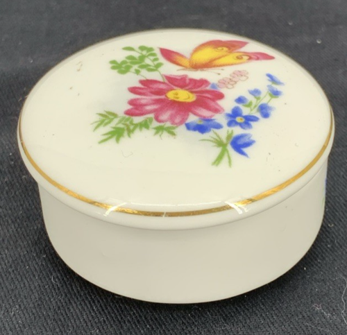 Lefton Trinket Box Bone China Flower Butterfly Flowers 2" Vintage - Picture 2 of 8