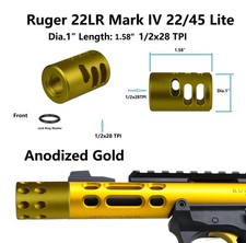 1" Dia Gold Anodized Aluminum Ruger Mark IV 22/45 1/2x28 TPI Muzzle Brake 22LR