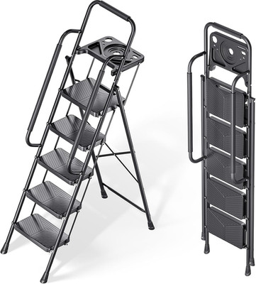 Heavy-Duty 5-Step Folding Ladder with Anti-Slip Pedals & Handrail, 500Lbs Capaci