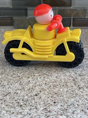 vintage Fisher-Price Little People yellow motorcycle and red-capped boy