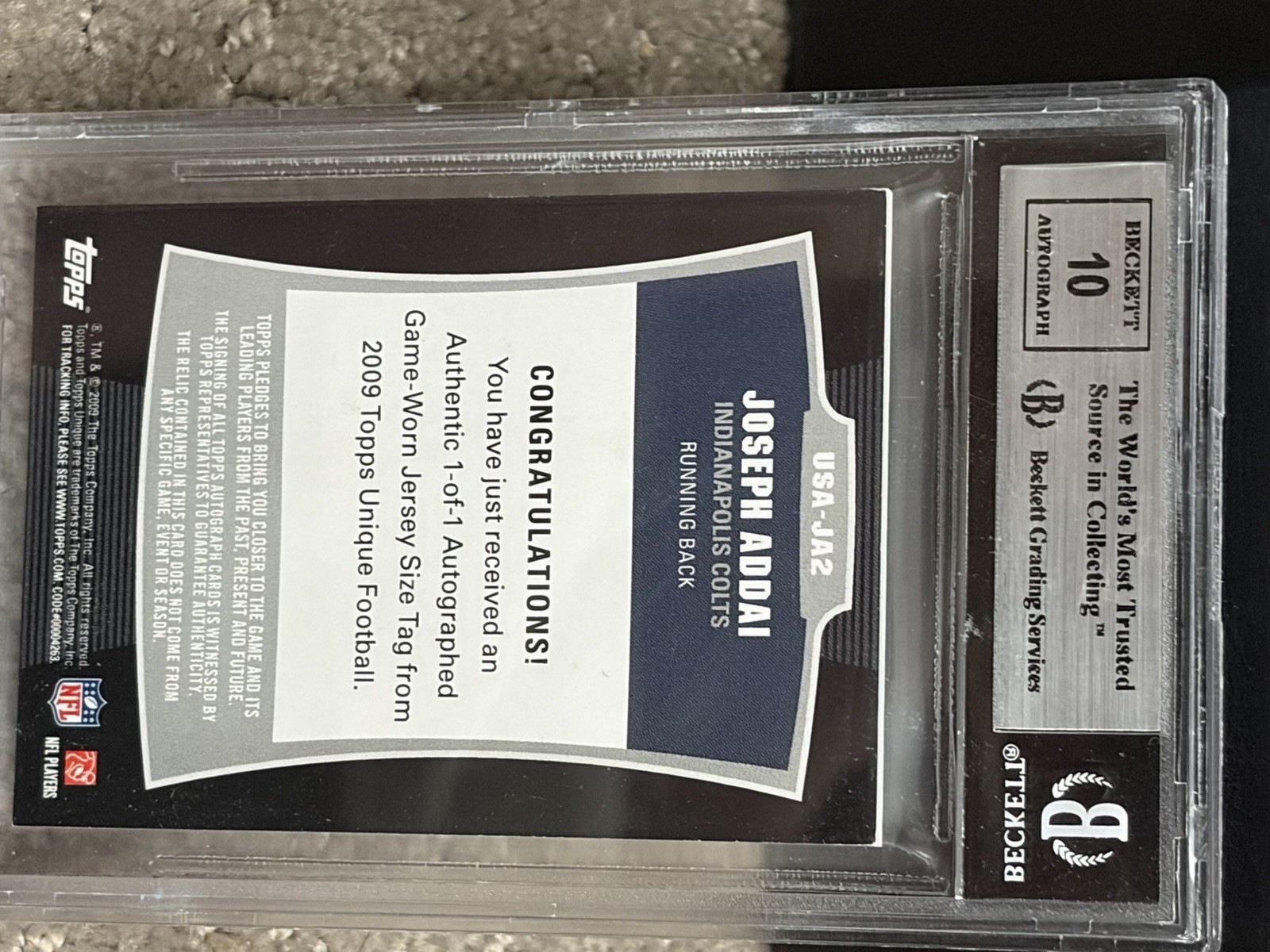 2009 Topps Unique Joseph Addai G/U Jrsy Auto 1/1 laundry Tag SICK Patch Colts view 3