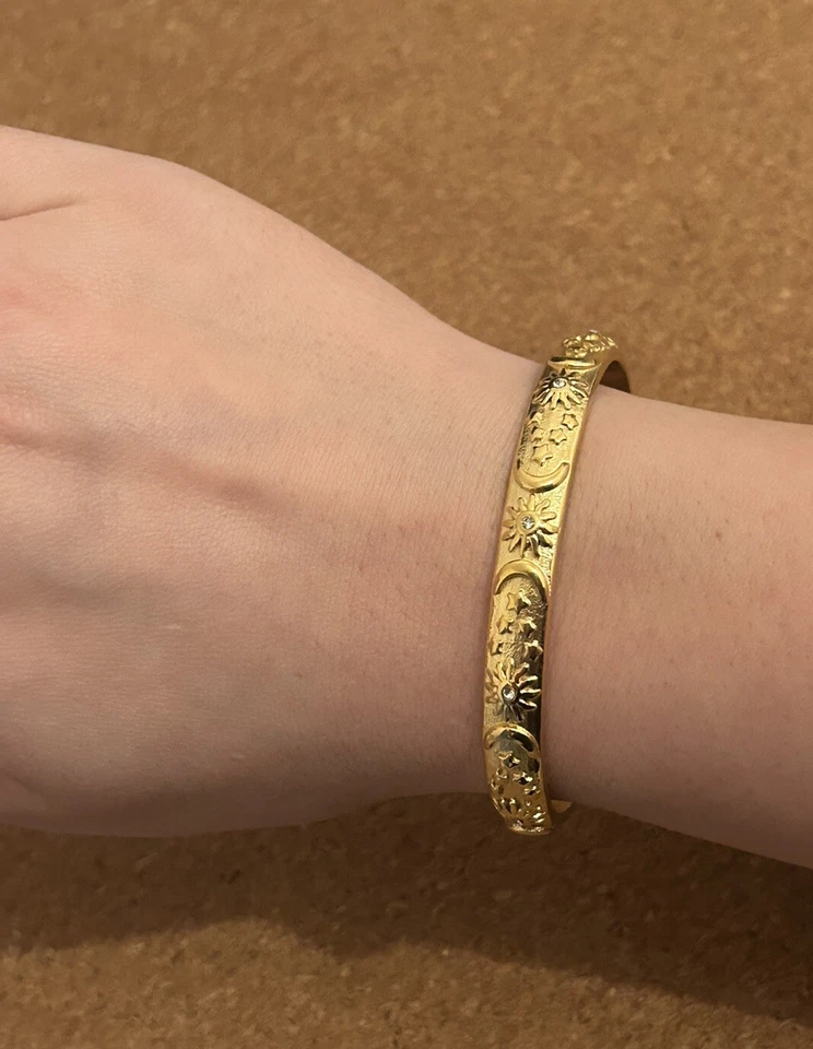 9K Gold Solid Heavy Moon, Stars & Sun Pattern Bangle CZ Engraved Stunning Plated - Image 2 of 4