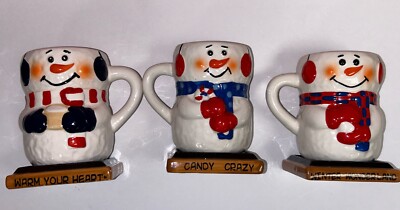 Set Hand Painted Snowmen S'mores Retro Hot Chocolate Candy Cane Mugs Bay Island