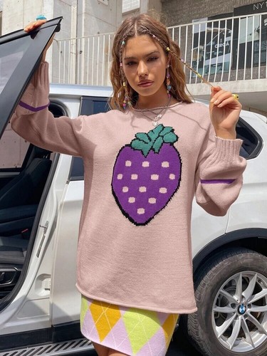SHEIN Women's Strawberry Pattern Drop Shoulder Knitted Sweater Dusty Pink M NEW | eBay