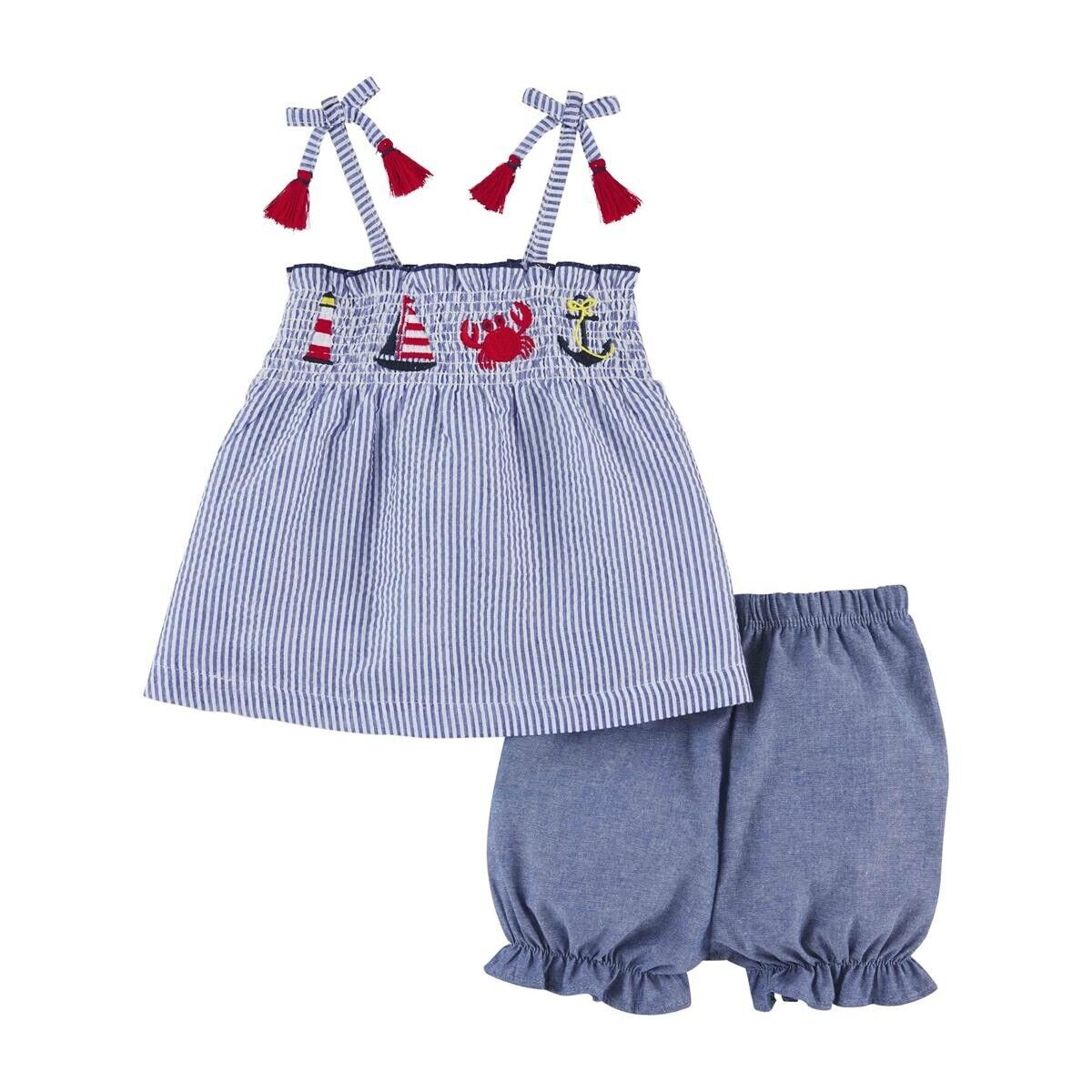 Mud Pie Toddler Girl Sail Away Smocked  Two Piece Short Set Size 2T-3T NEW