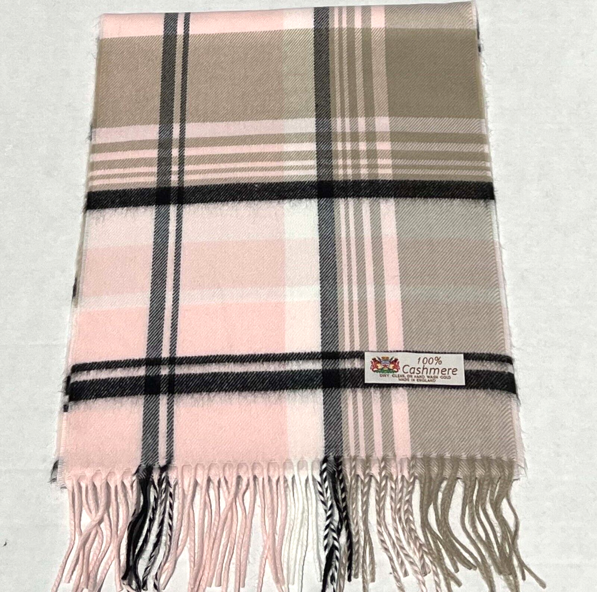 100% CASHMERE SCARF Check Plaid Pink/black/tan Made in England