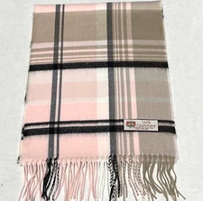 100% CASHMERE SCARF Check Plaid Pink/black/tan Made in England Warm Wool #P105