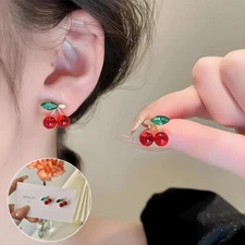 Red Cherry Earrings  Shiny Zircon Decor Cute Stud Jewelry Women Holiday Gift New