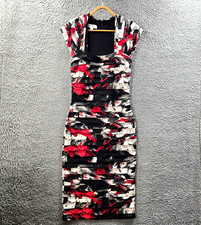 Queenspark Womens Midi Bodycon Dress Size 10 Black Red Ivory Stretch Knit
