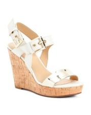 NEW NINE WEST WHITE GOLD LEATHER PLATFORM WEDGE SANDALS SIZE 8.5 M