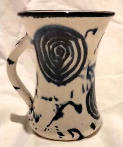 MudWorks Ireland Hand Thrown Pottery Coffee  Mug White With Blue Celtic Spirals