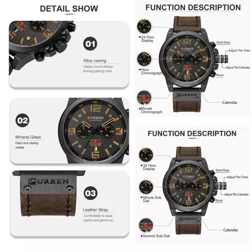 Neu Curren Herren Quarzuhr Leder Armbanduhr Chronograph Wasserdicht Analog Luxus - Bild 14 von 30