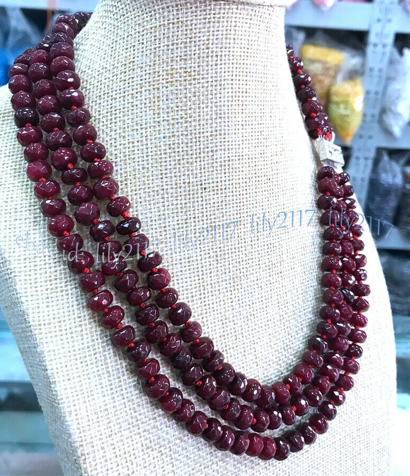 Collar de cuentas de piedras preciosas rondelle jade rojo Brasil 3 filas facetadas 5x8 mm 18-20"" Foto 2 de 4