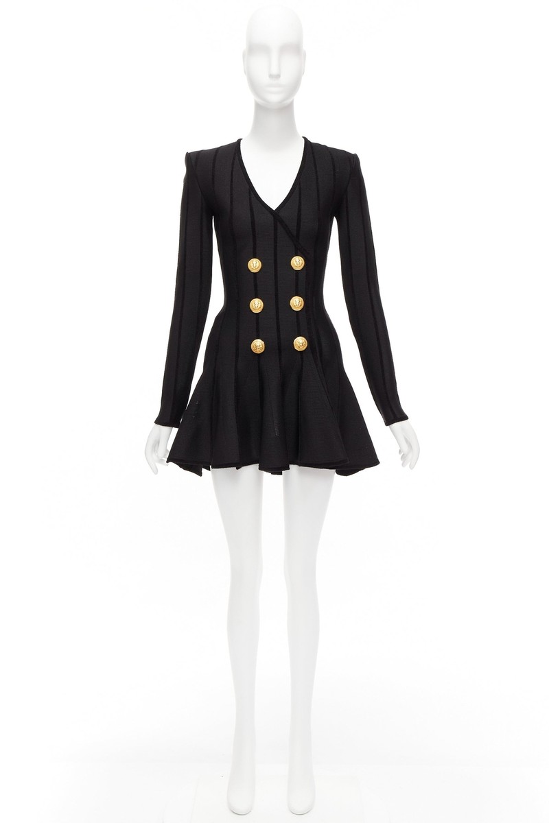 BALMAIN 2023 black striped chenille gold lion button mesh