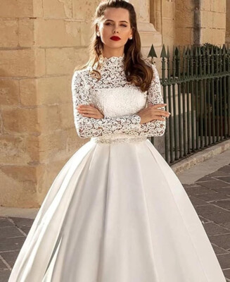 ethereal fairy wedding dress with long sleeves Sheer-Sleeved Deep V-Neck Wedding Dress with Floral Accents and Graceful Train Custom Made main image 1