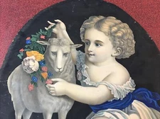 LARGE Rare Antique Girl Lamb H Schile Chromolithograph Print INNOCENCE Tinted